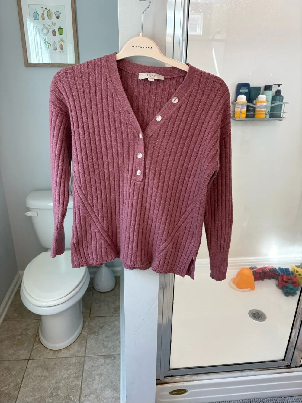 LOFT Women's Small Mauve Ribbed Henley Sweater V Neck Button Pullover